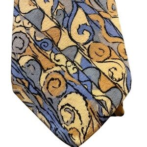 Vintage Geoffrey Beene Yellow Blue Gray Silk Abstract Print Pattern Tie